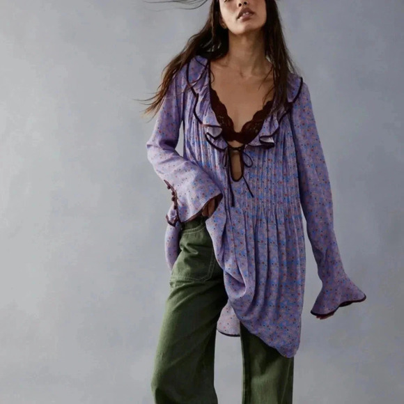 Free People Blossom Baby Mini Dress Floral Printed Ruffle Button Bell sleeve XS - Picture 2 of 9